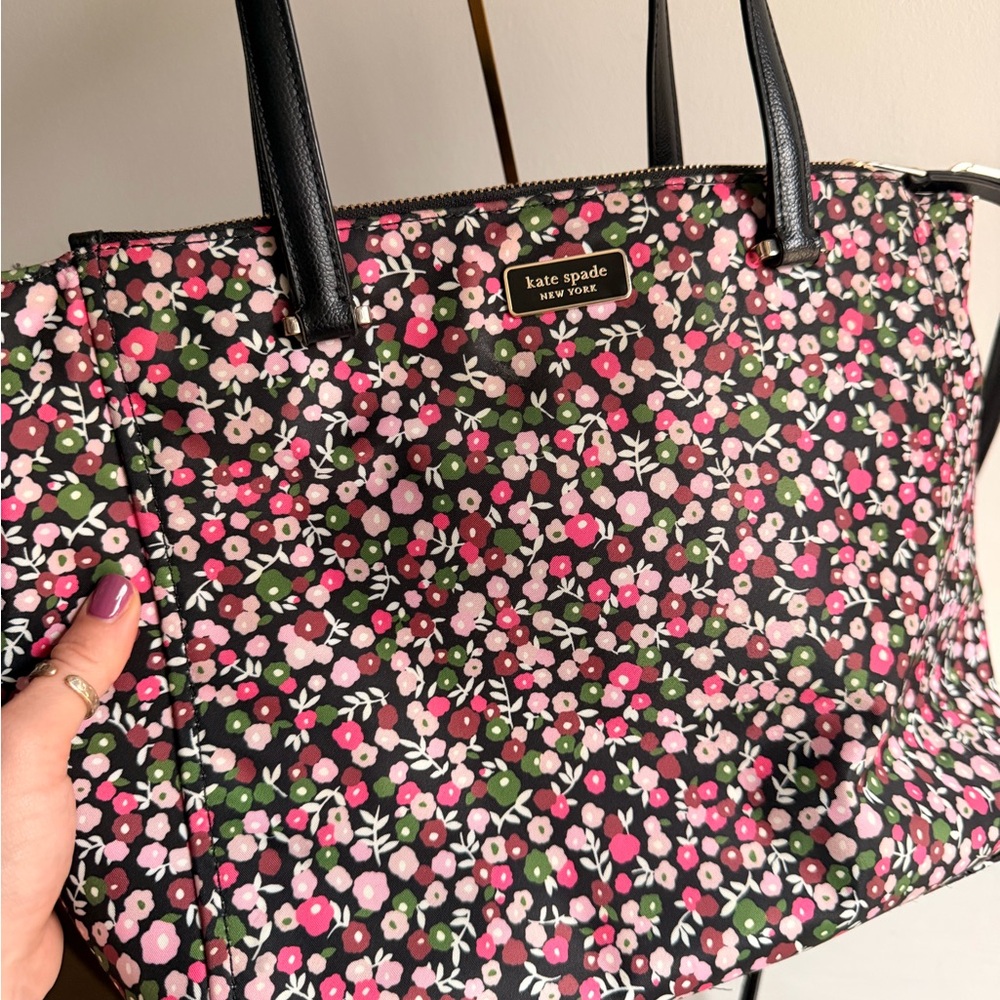 kate spade Black Floral Tote with Pink and White Blossoms and Green Leaves - Picture 3 of 14